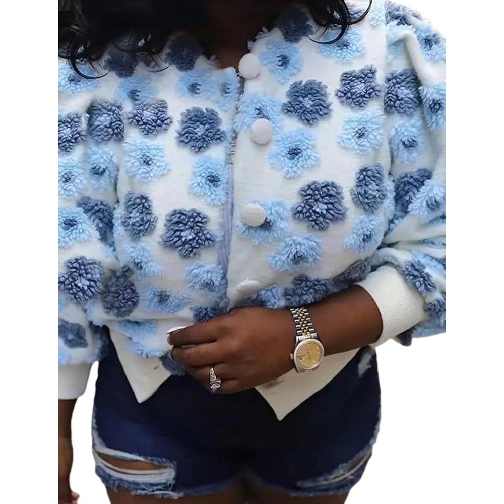 〽️Women's Light Blu Flygo Cropped Floral Print Bomber Warm Fleece Varsity Jacket